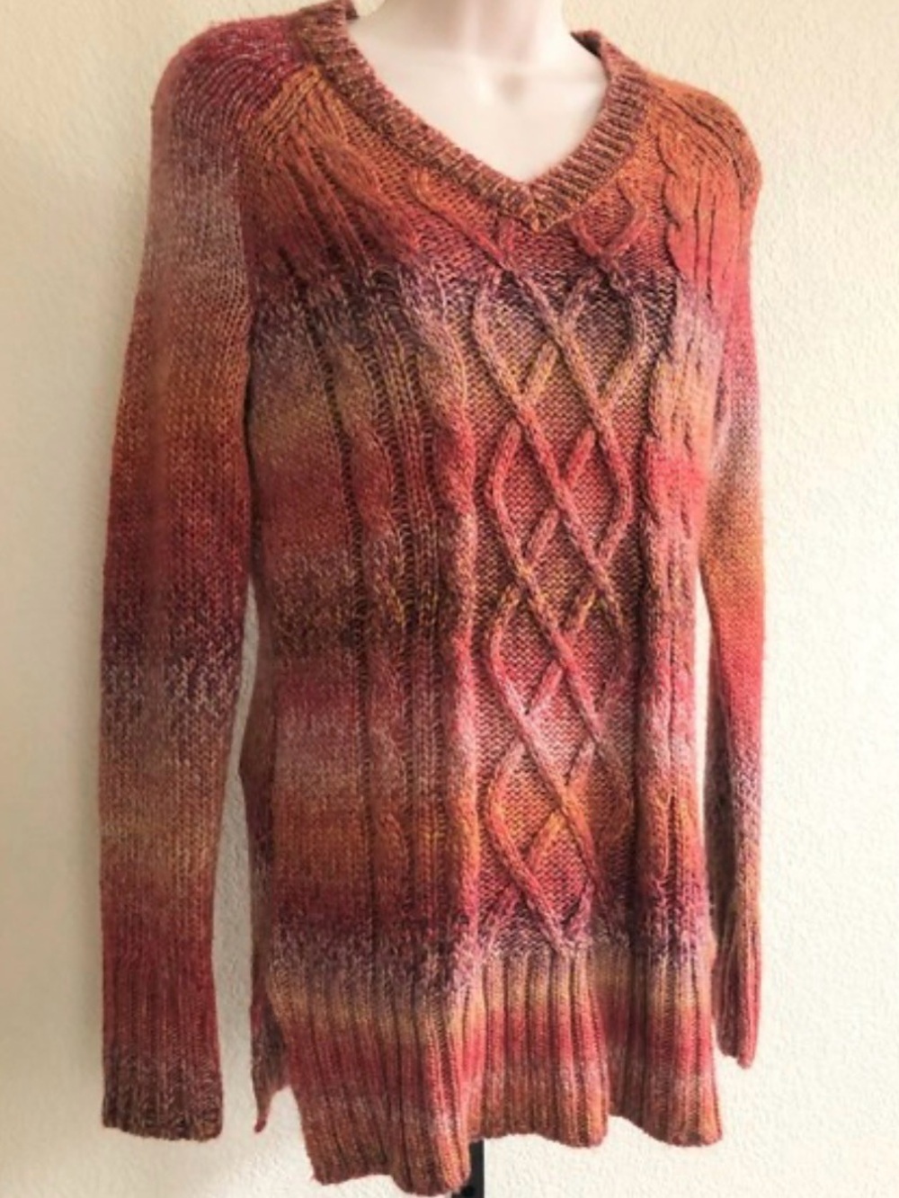 Prana Women's V-Neck Cable Knit Sweater - Rust Multi
